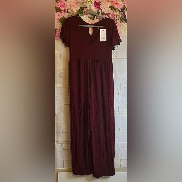 Knit Maternity Maroon Flutter Short Sleeve Isabel pant Jumpsuit medium - Picture 5 of 9